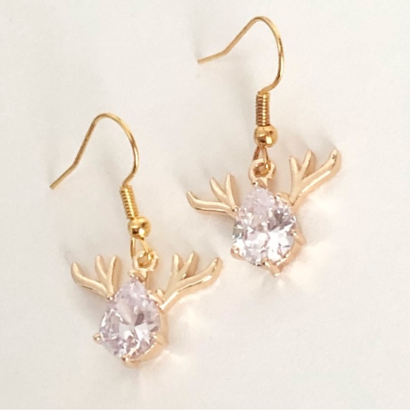 New Rhinestone Crystal Deer Stag Reindeer 18k gold plated hooks Sparkle Earrings - Picture 4 of 9